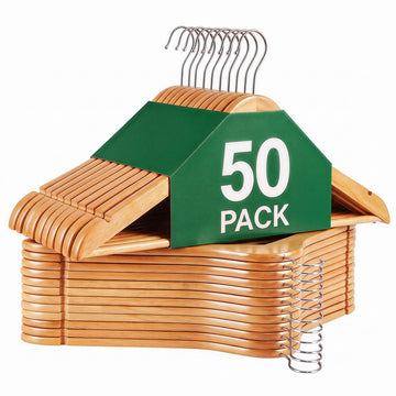 Wooden Hangers 50 Pack, Solid Wood Hanger with Non Slip Pant Bar