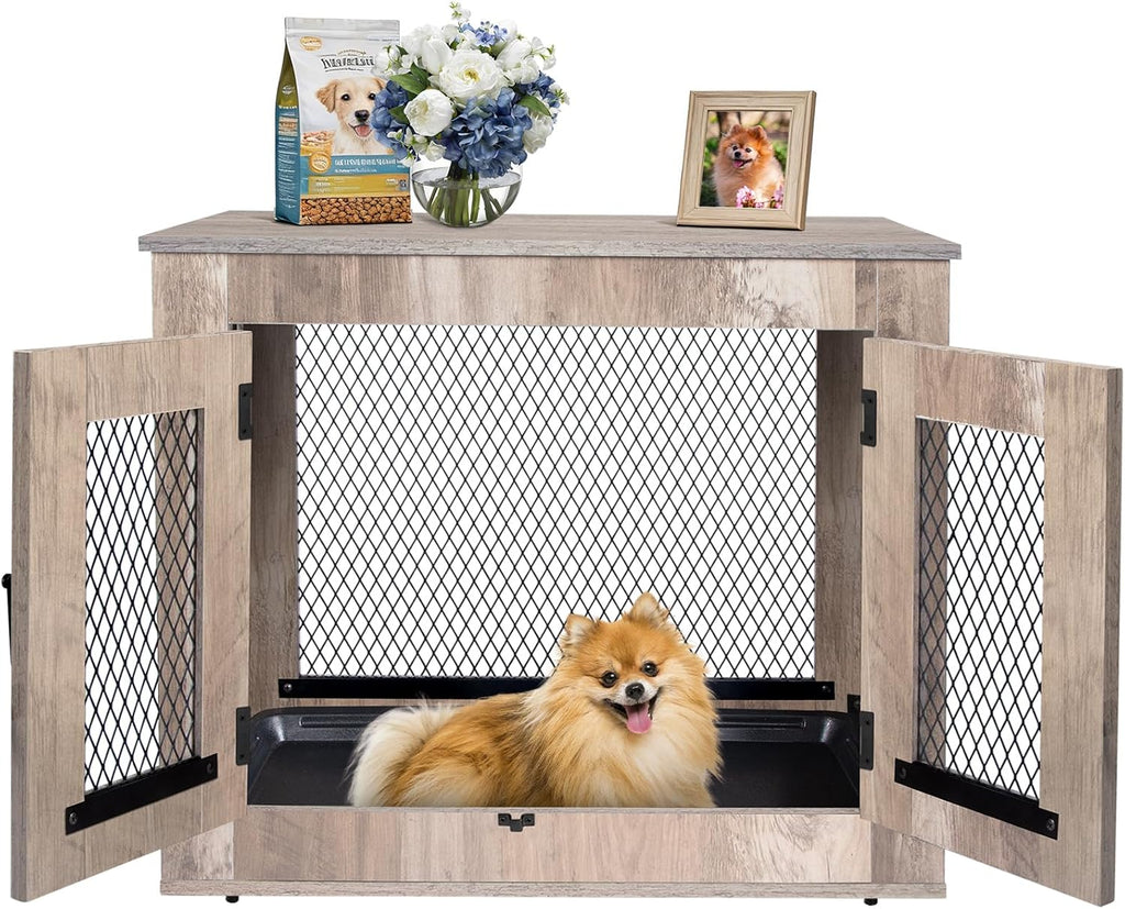 Wooden Dog Crate Furniture - Wire Mesh Door Decorative Dog Kennel End Table for Puppies, Cats, Rabbits