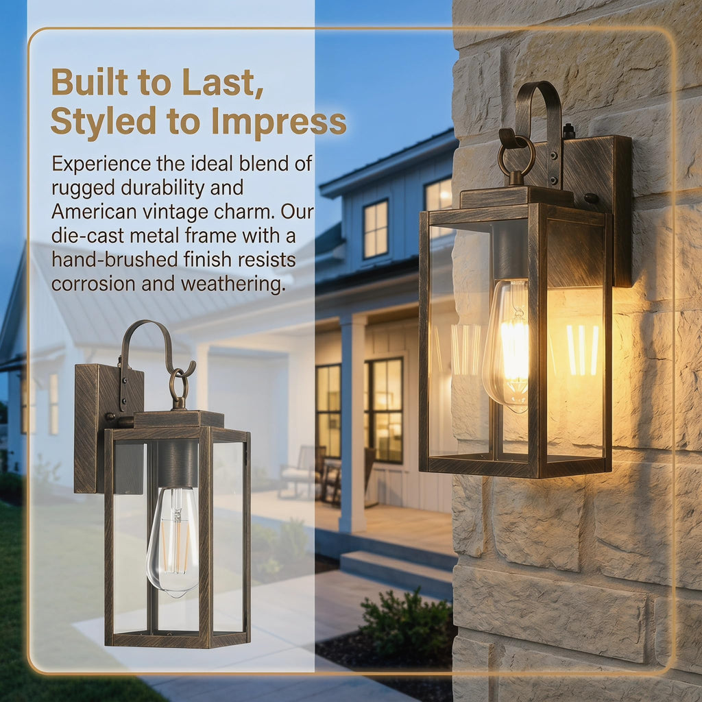 Black Brush Gold Porch Light, Dusk to Dawn Wall Mount Outdoor Light