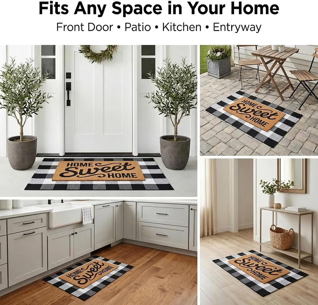 Home Sweet Home Doormat Set, 2-Piece Layered Front Porch Mat Combo, Natural Coir Welcome Mat with Black and White