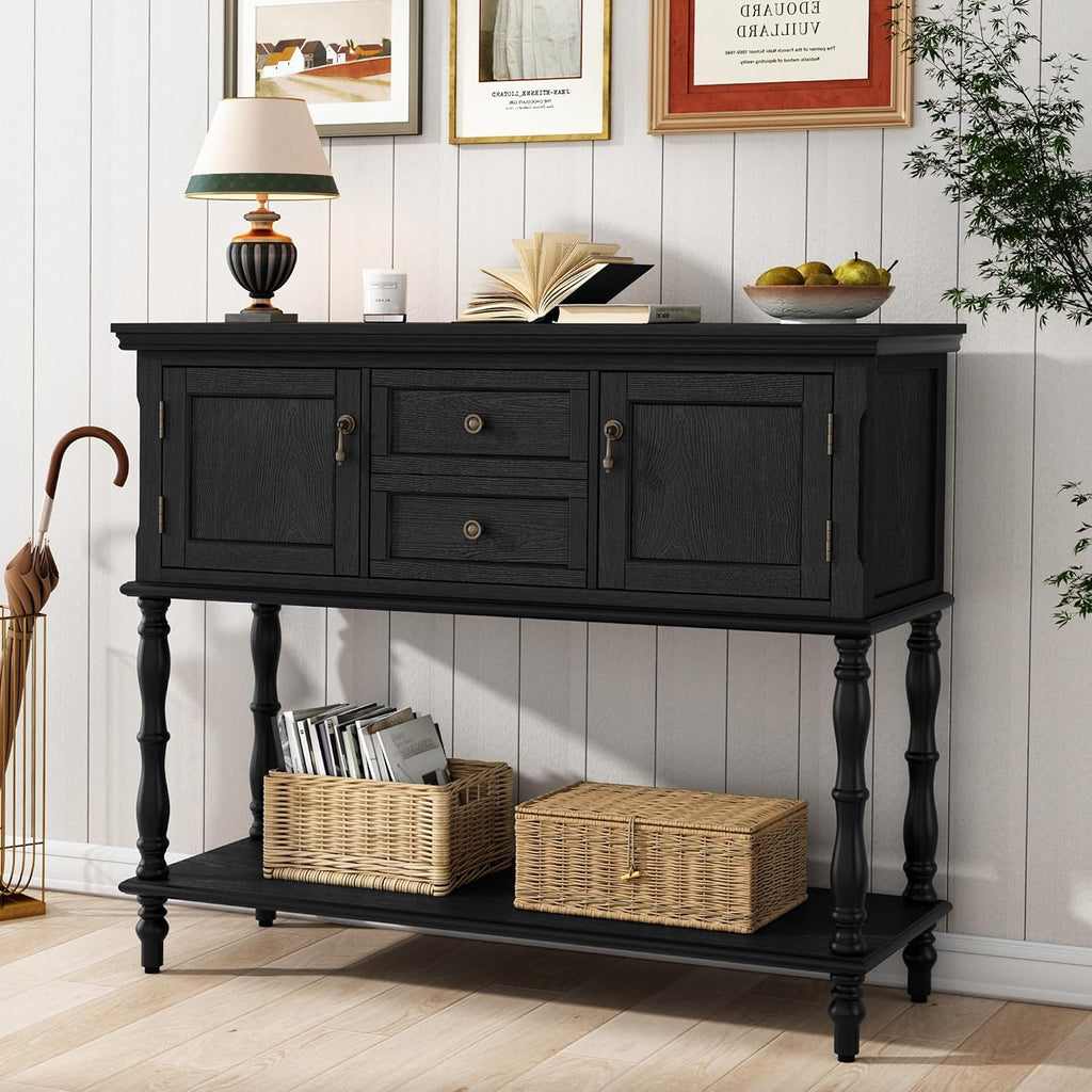 Console Table with 2 Drawers, Retro Entryway Table with 2 Door Cabinets and Open Storage Shelf, Narrow Long Behind