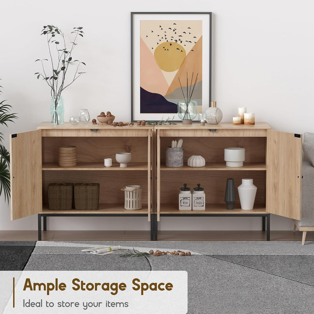 Rattan Sideboard Cabinet with 2 Doors, 31.5" Boho Buffet Credenza with Metal Legs, Natural Cane Accent Storage