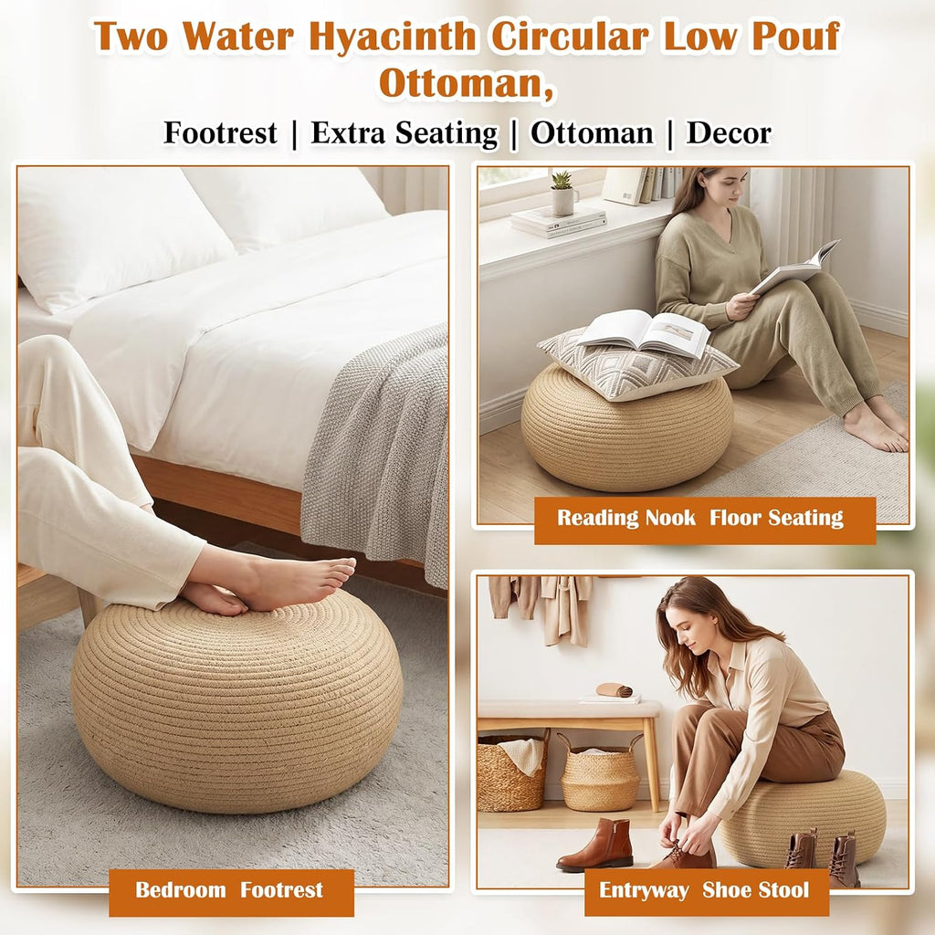 2 Pcs Round Cotton Knitted Low Pouf Ottoman | Braided Floor Seating Cushion, 16" x 16" x 8" Natural Foot Rest Stool
