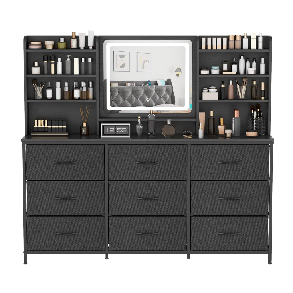 9 Drawers Dresser with LED Mirror, 59" W Chest of Drawers