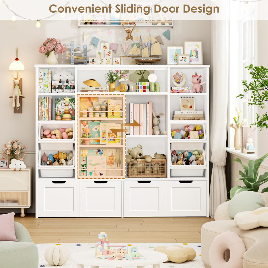 Toy Storage with Sliding Bookshelf, Toy Organizer with 4 Bins