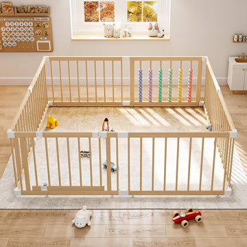 Large Wooden Baby Playpen - Size Adjustable Fence for Babies and Toddlers, Baby Play Yard with Locking Gate, Indoor
