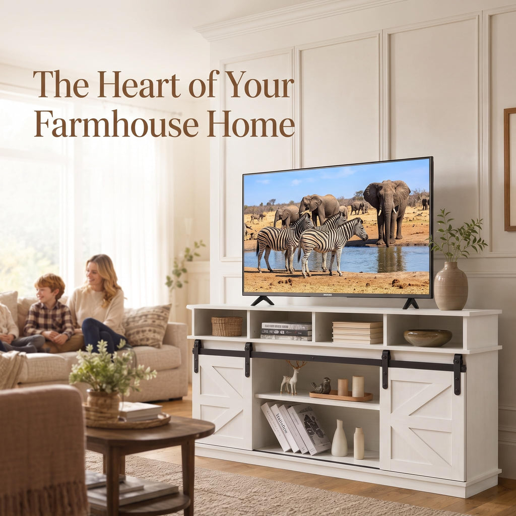 58" Farmhouse TV Stand with Sliding Barn Doors for TVs up to 65 Inch, Entertainment Center with Adjustable Shelves