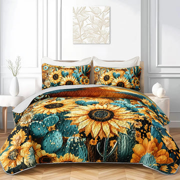 Sunfower Print Quilt Bedding Set, 3-Piece Western Cactus Flower Bedspread Coverlet, Sunset Theme Quilt, 2