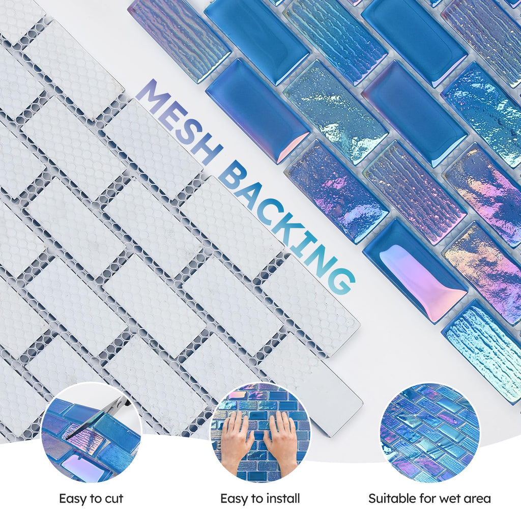 Pool Glass Mosaic Tiles, Iridescent Blue, 1x2 Inch Brick, 5 Sheets