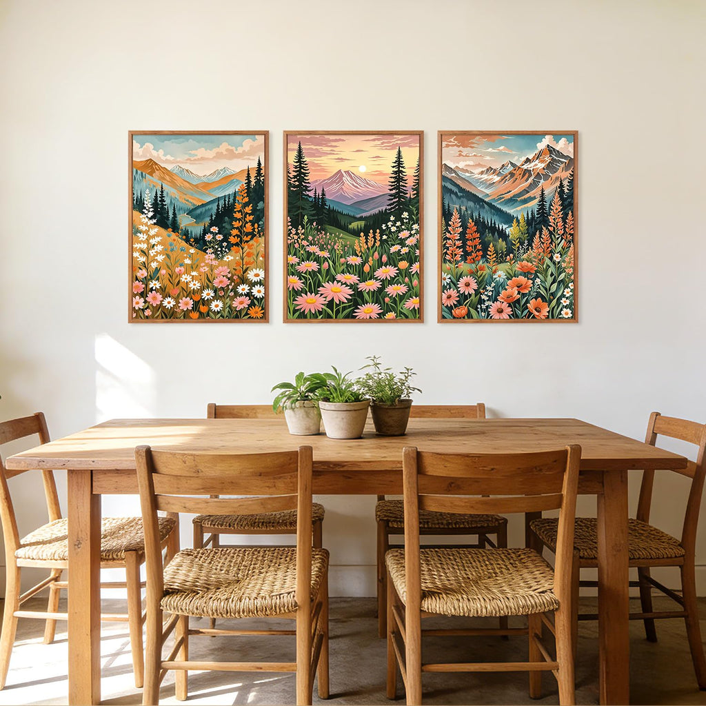 Mountain Sunset Floral Framed Canvas Wall Art Set, (Set of 3, 12X16 Inch) Colorful Wildflower Daisy Flower Wall