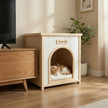 Indoor Wooden Dog House with Removable Cushion, Solid Cedar Pet House for Small Dogs & Cats, Furniture Side Table