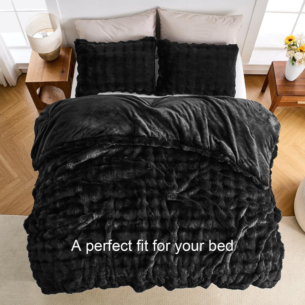 Fluffy Comforter Set Black Soft & Fuzzy Faux Fur Comforter Luxury Lightweight Plush Bedding Set All Season