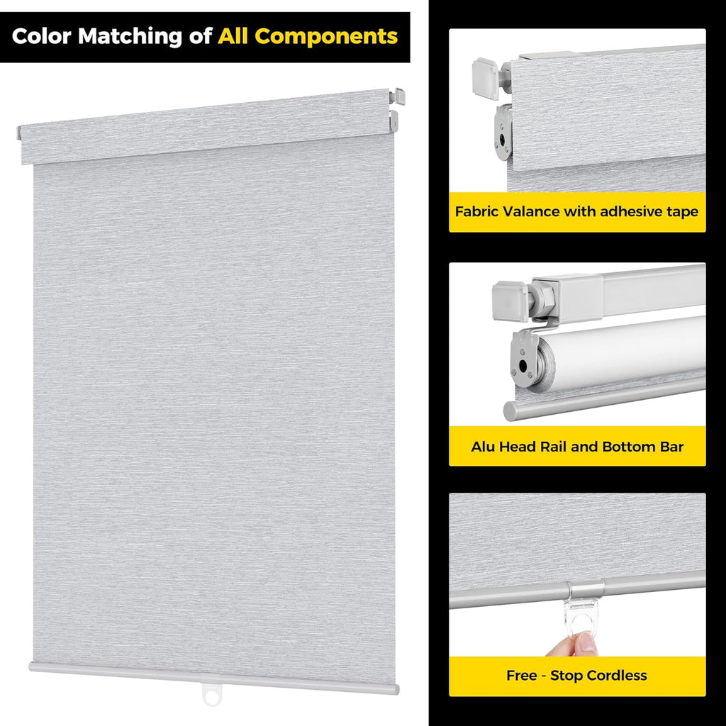No Tools No Drill Cordless Blackout Roller Shades for Indoor Windows, Easy to Install, Darkens Rooms, Blocks Heat
