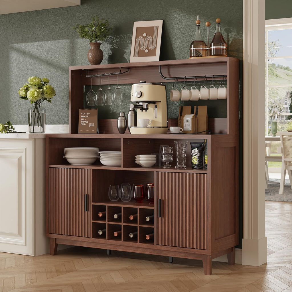 Fluted Buffet Cabinet with Storage, Modern Coffee Bar Cabinet, Walnut