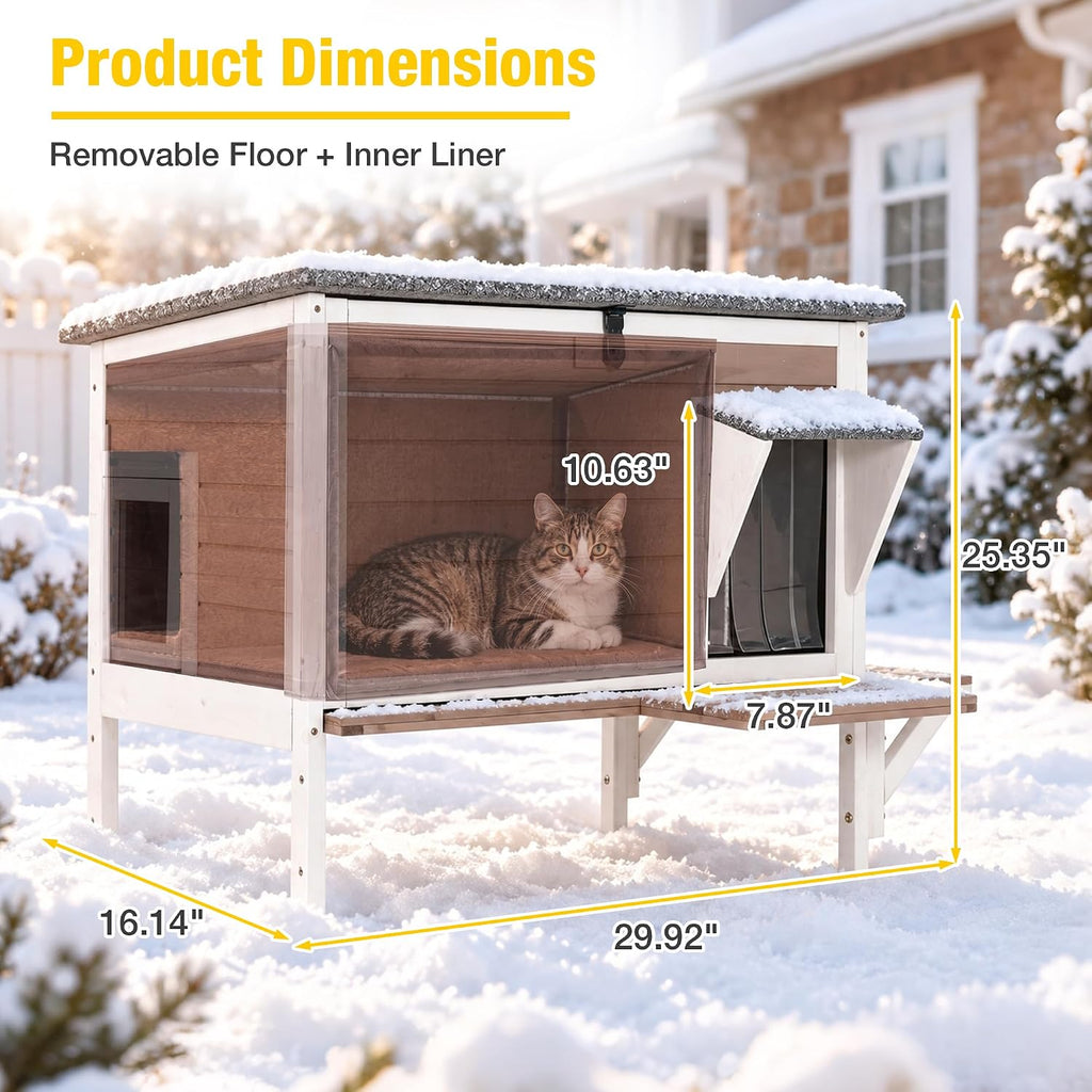 Heated Cat House with Insulated Liner, Large Feral Cat Shelter for Winter, Weatherproof Cat Condos for Outdoor Indoor