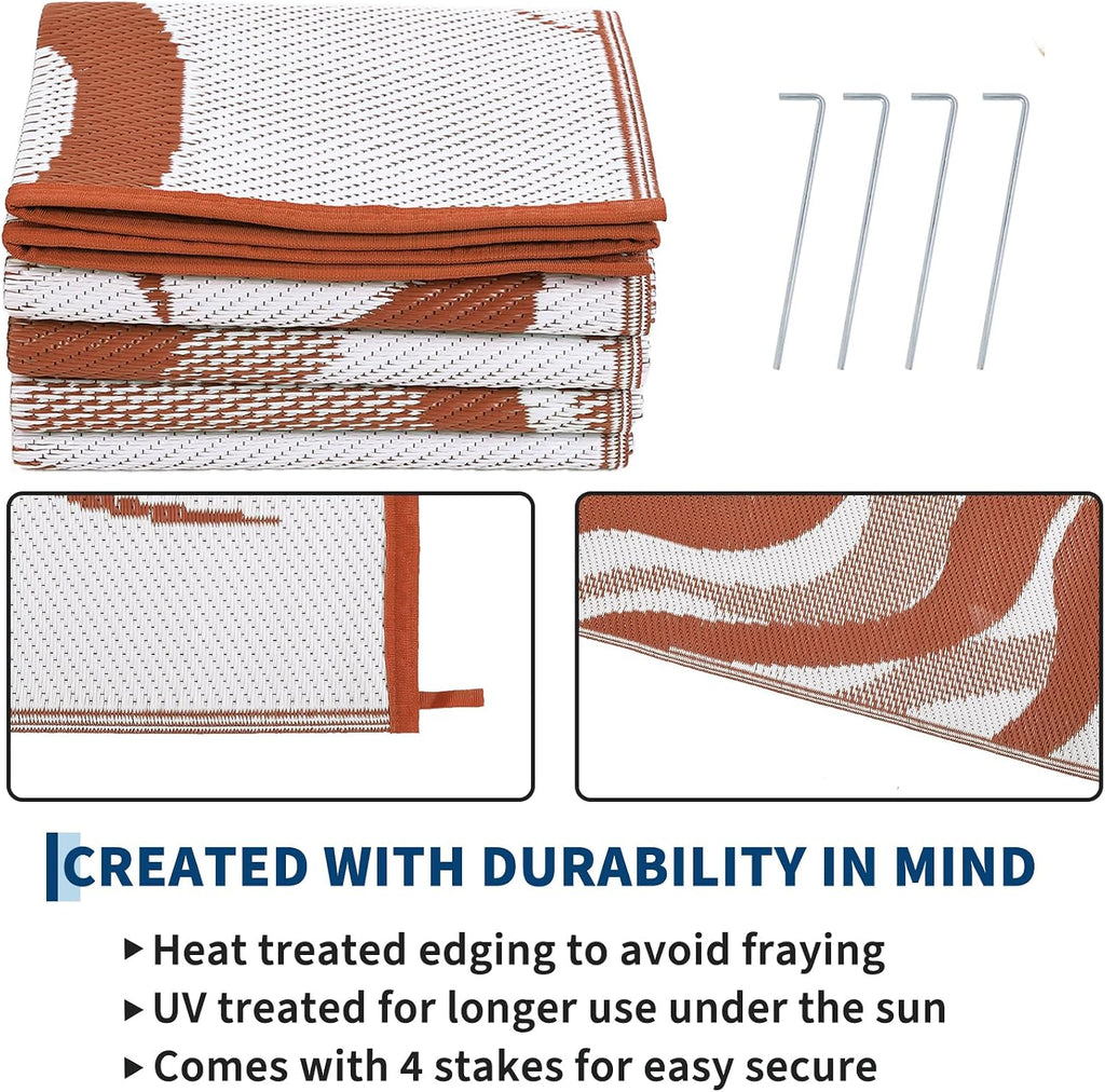 Outdoor Rug 9x12 Waterproof Patio Rugs with Boho Sun Pattern, Reversible Plastic Straw Camping Rugs Outdoor Indoor RV