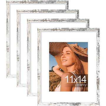 11x14 Picture Frames Set of 4, for Wall & Table, Distressed White