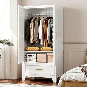 60.16'' Metal Armoire Wardrobe Closet with 1 Drawer, Freestanding Clothing Storage Cabinet with Doors and Adjustable