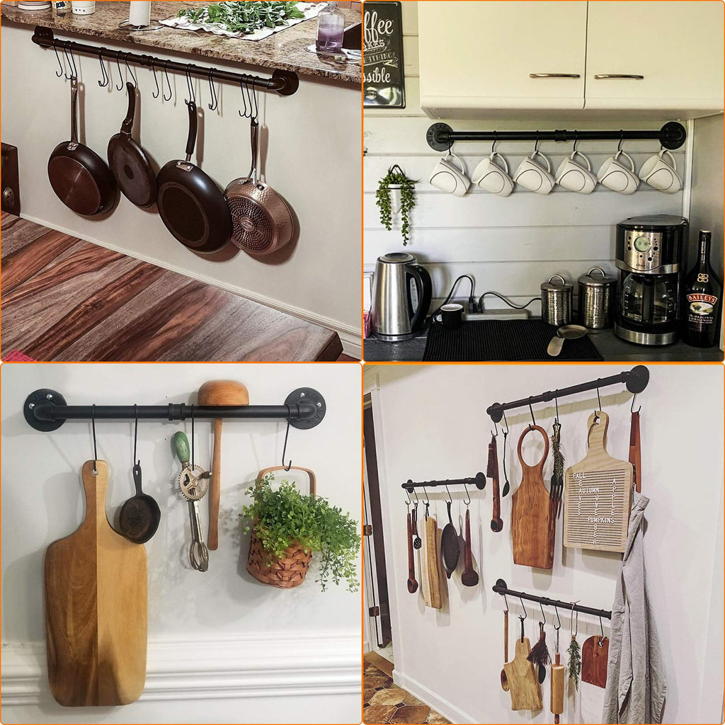 31.5 inch Pot Rack, Kitchen Wall Mounted Detachable Pan Lid Utensils Organizer Hanging Rail with 14 Hooks, Black