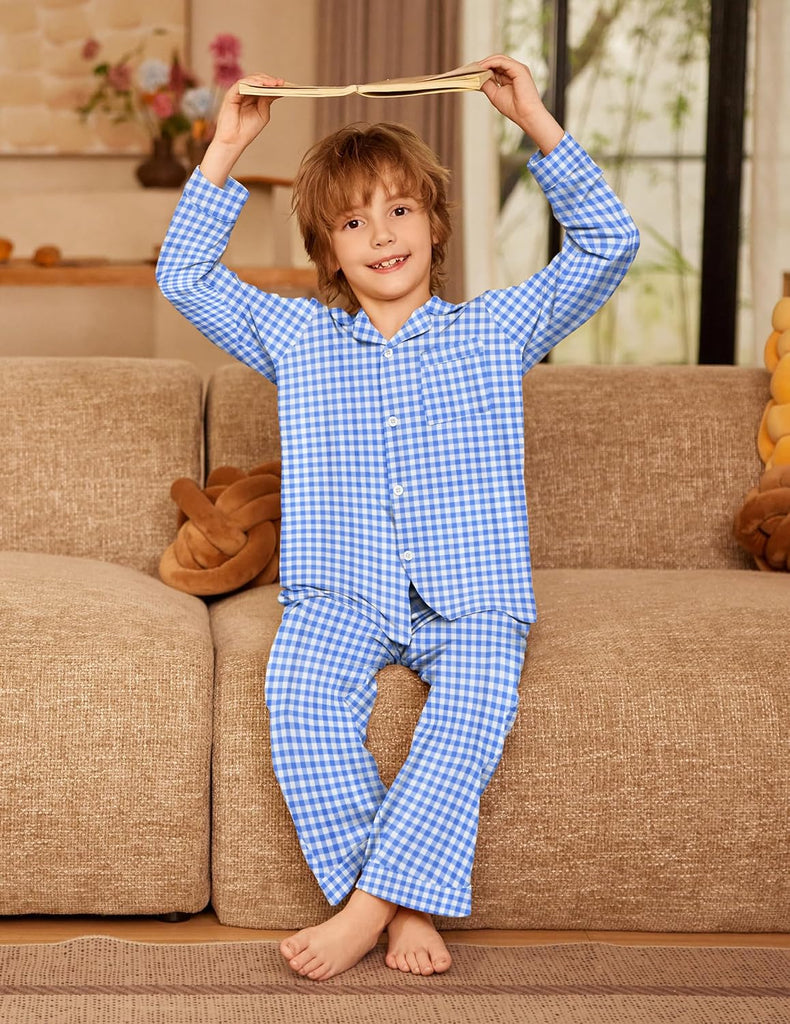 Boys Pajamas Set Long Sleeve Button-Down Sleepwear 2 Piece Pjs Set for Boys