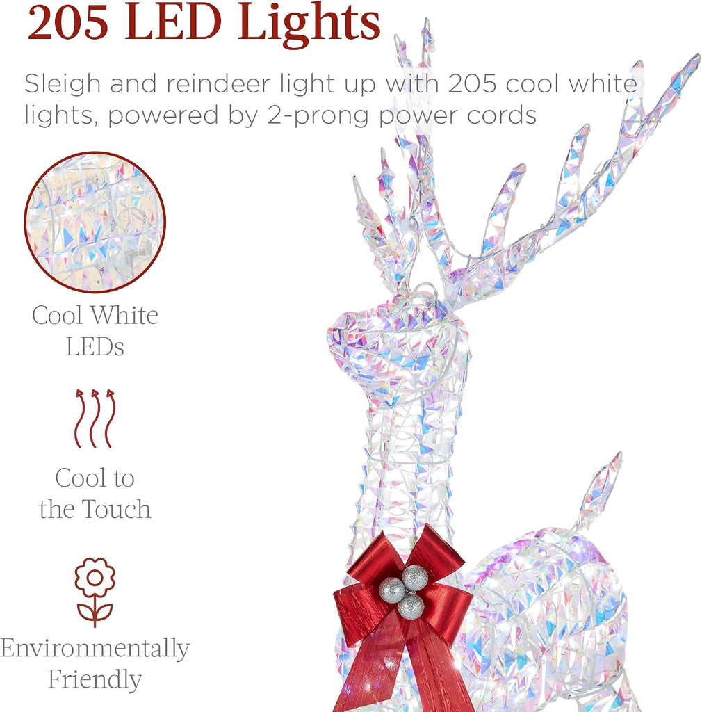Lighted Christmas 4ft Reindeer & Sleigh Holiday Outdoor Yard Decoration Set w/ 205 LED Lights, Stakes, Zip Ties