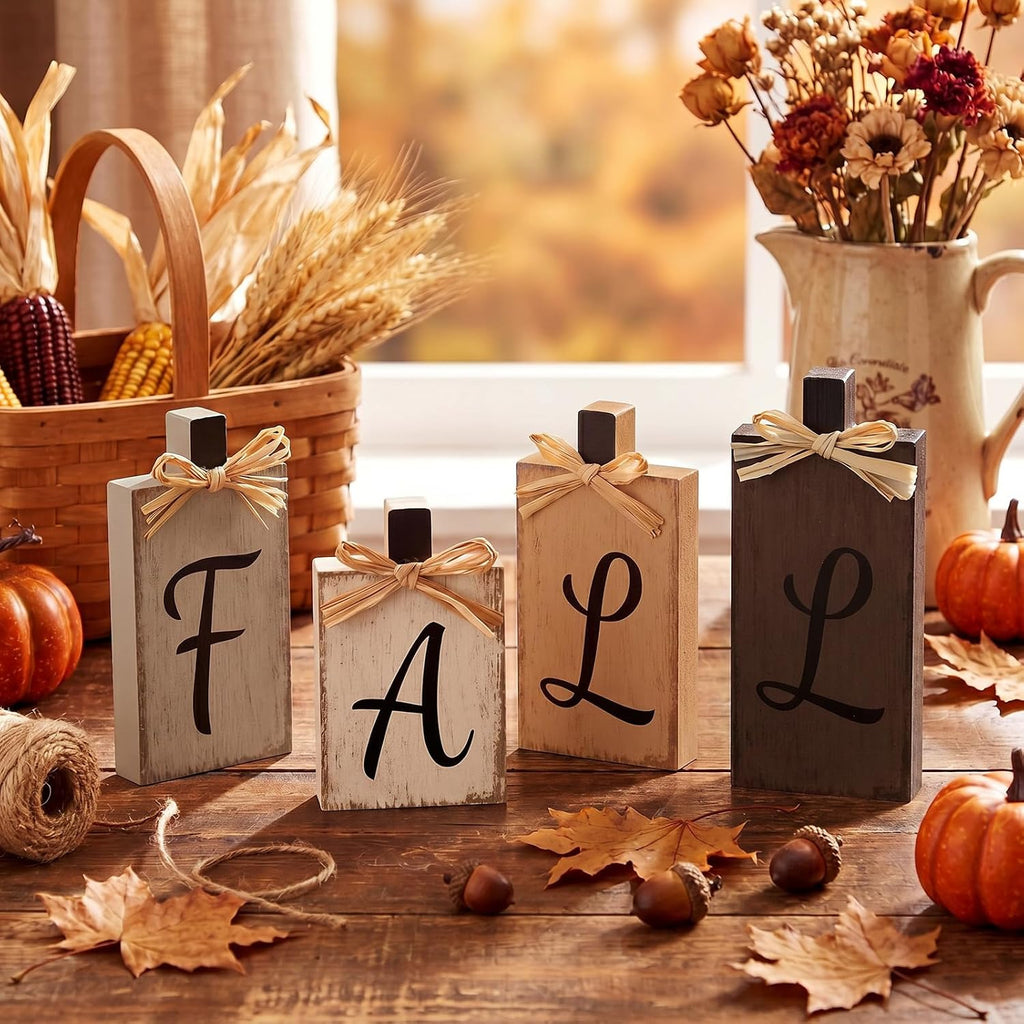 Fall Decorations Thanksgiving Neutral Brown Wooden Signs - Set of 4