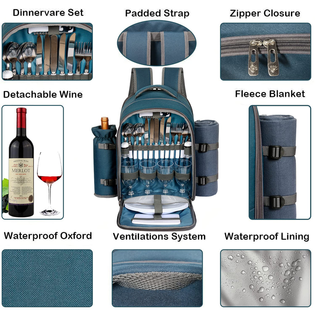 Picnic Basket Backpack for 4 Person with Blanket, Wine Holder, Cooler Compartment, Cutlery Set, Couples Gifts, Mr &
