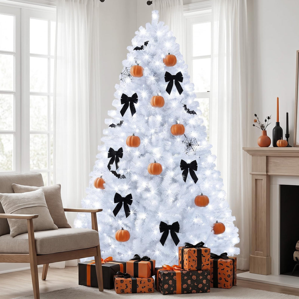 6ft White Prelit Christmas Tree with 300 LED White Lights, 726 Dense Branch Tips, Versatile Holiday Tree for