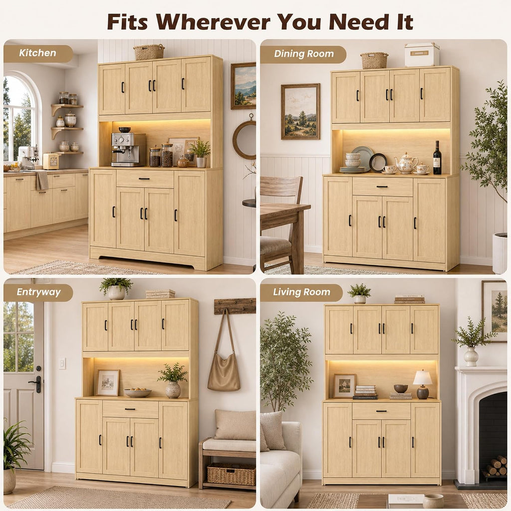 71" Kitchen Pantry with LED Lights, Farmhouse Hutch Storage Cabinet | Tall Coffee Bar, 55" Wide Countertop with