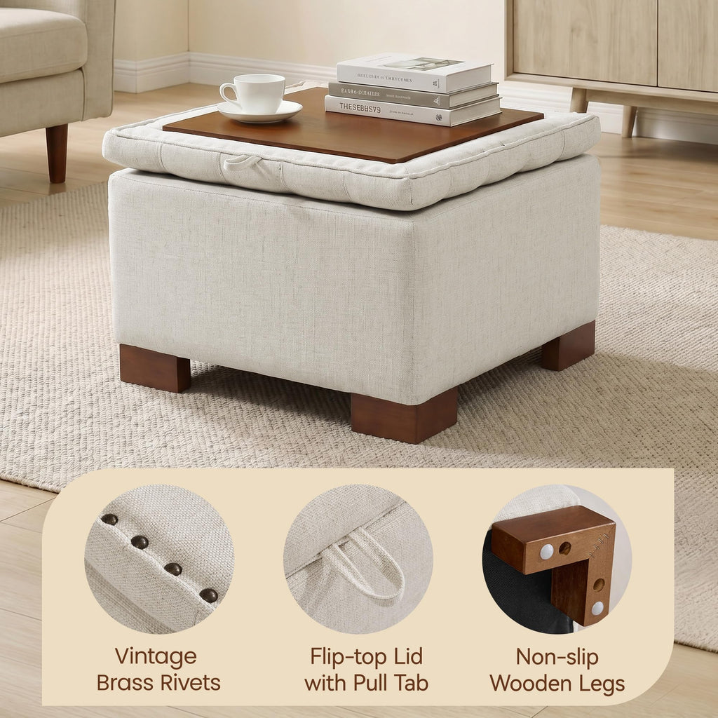 24 Inch Square Storage Ottoman Coffee Table, Modern Tufted Upholstered Ottoman with Flip Tray and Solid Wood Legs