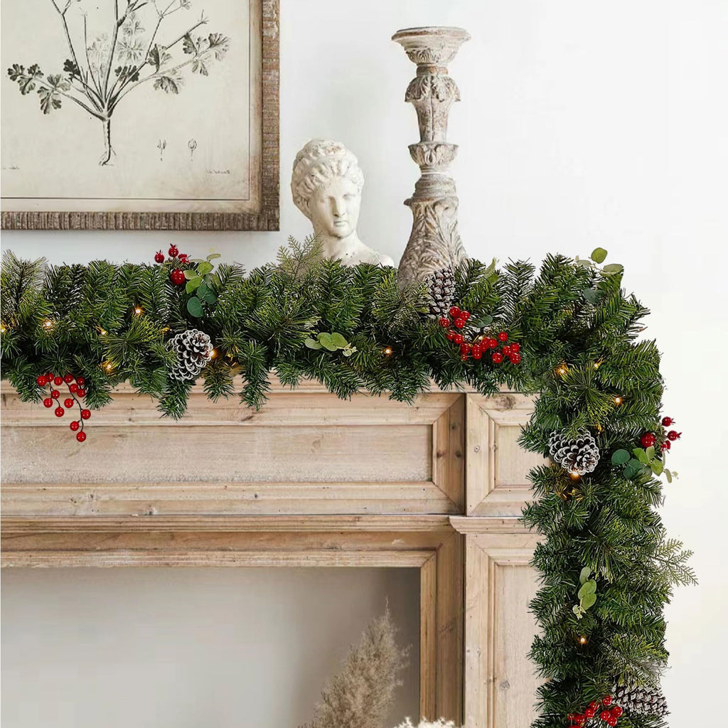 Prelit Christmas Garland 9 ft with Lights - Red Style Pre lit Garland for Christmas Holiday Decorations. Thick Branch