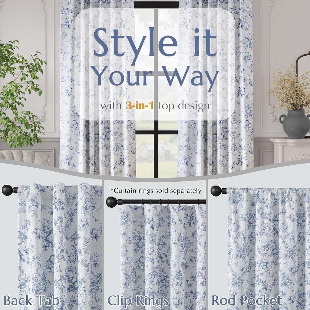 Blue 100% Blackout Curtains for Bedroom 96 Inch Length, Country Flower Floral Curtains for Living Room Toile