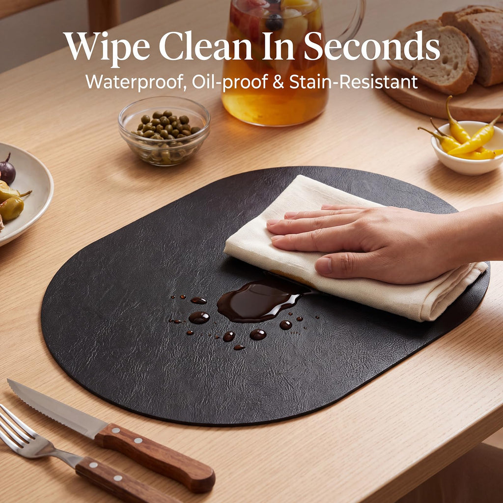 Oval Placemats Set of 4, Wipeable Faux Leather, Black