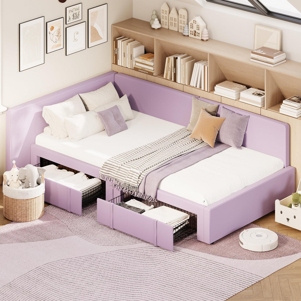Twin Daybed with 2 Storage Drawers, Corner Bed Frame with Extended Headboard and Bed Rails, Velvet Upholstered Sofa