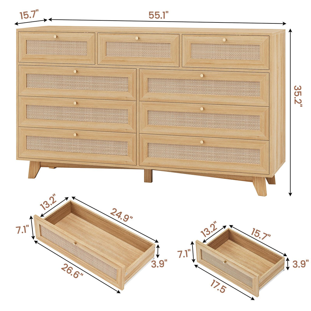 Rattan, 9 Drawer with Natural Rattan Drawers, Wooden Tall Cabinet with Gold Handles, Modern Closet Storage Chest of
