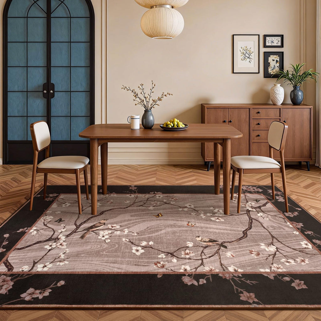 Brown Oriental Flower Bird Butterfly Print Floor Rug