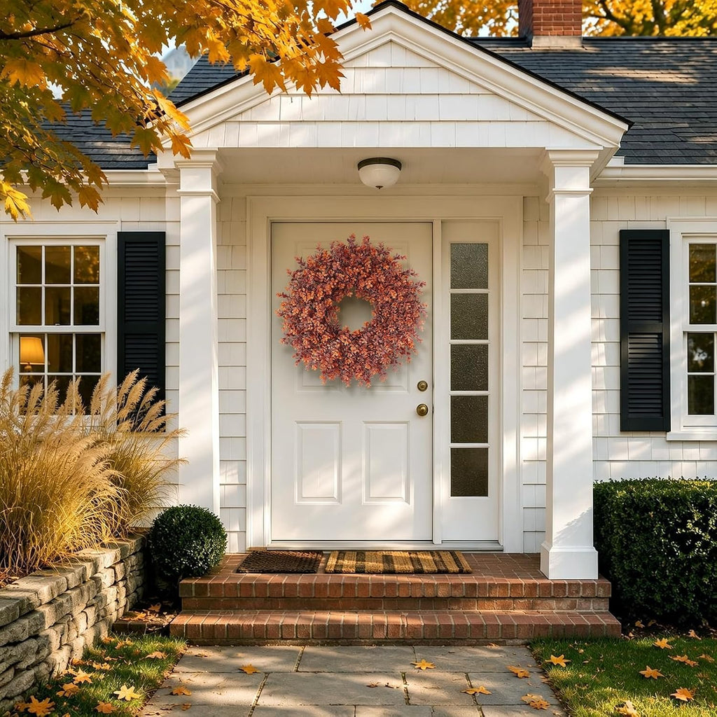 24" Artificial Fall Boxwood Wreath for Front Door Decoration (Deep Orange)