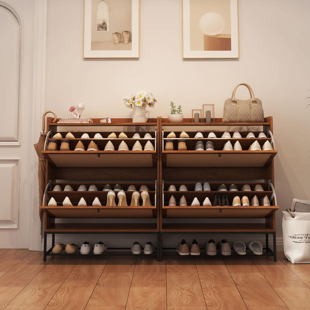 Narrow Shoe Storage Cabinet with 2 Flip Drawers, Walnut