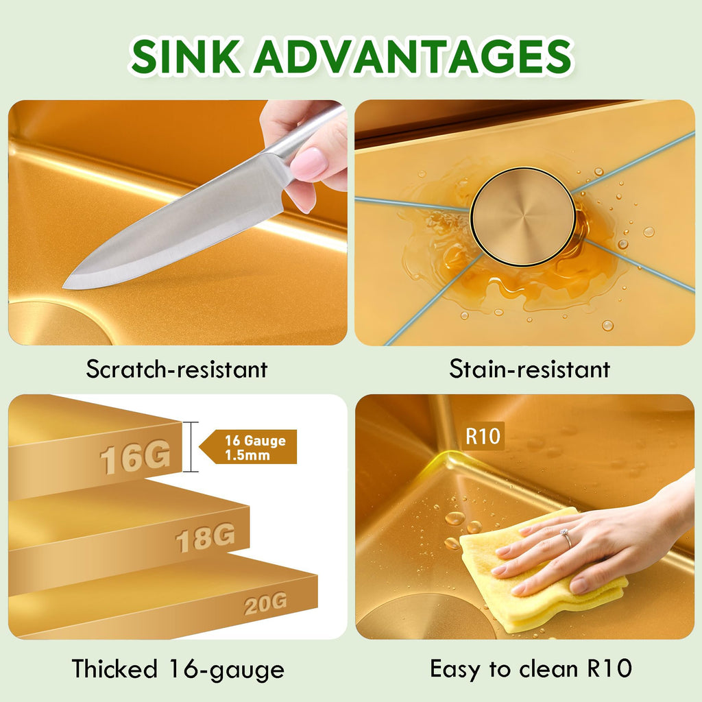 31 Inch Gold Drop- Sink, 16 Gauge Workstation Sink