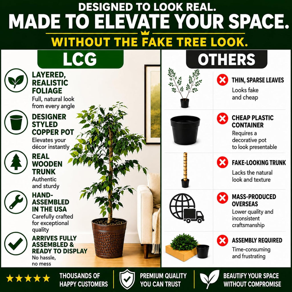 Artificial Tree 4ft Artificial Ficus Tree in Copper Metal Pot by - Faux Indoor Plant with Real Wood Trunk, Fully