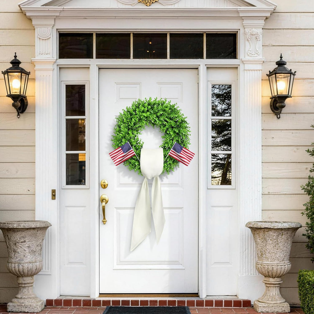 24" Boxwood Wreaths for Front Door - Large Boxwood Wreath with Sash