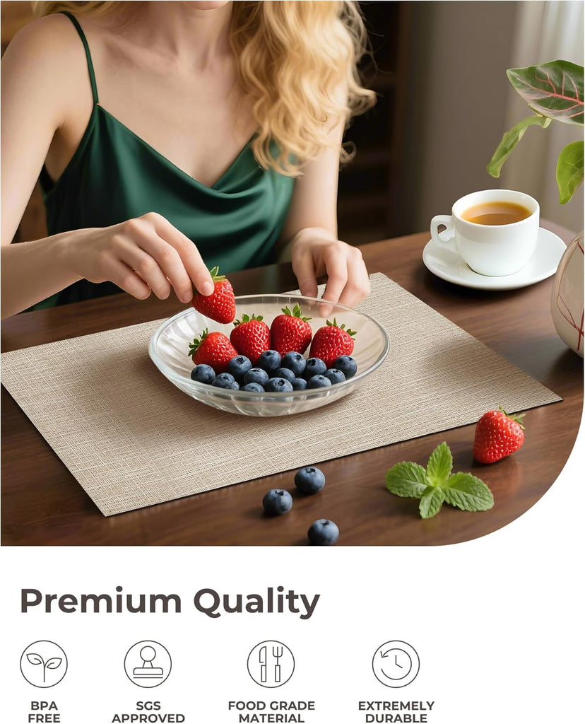 Woven Vinyl Beige Placemats - Linen Look & Easy to Clean - Set of 6
