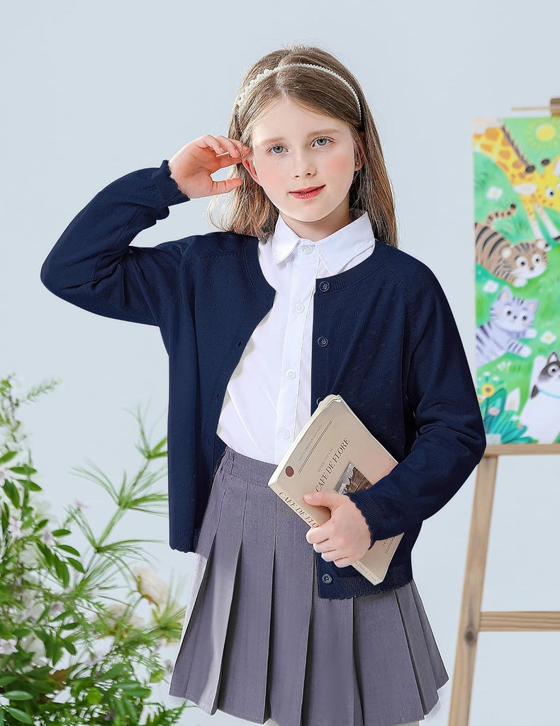 Eyelet Button Up Sweater School Uniform Tops