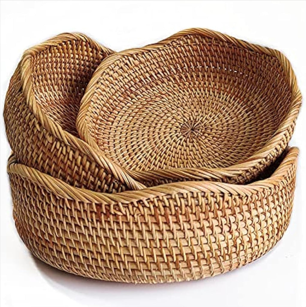 Rattan Bread Basket, Round Fruit Baskets, Wicker Storage Bowls, Natural Woven Serving Basket Bowls, Decorative