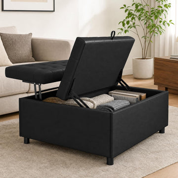36 Inch Extra Large Black Leather Lift Top Living Room Storage Ottoman | Tufted Upholstered Shoe Storage Entry Bench
