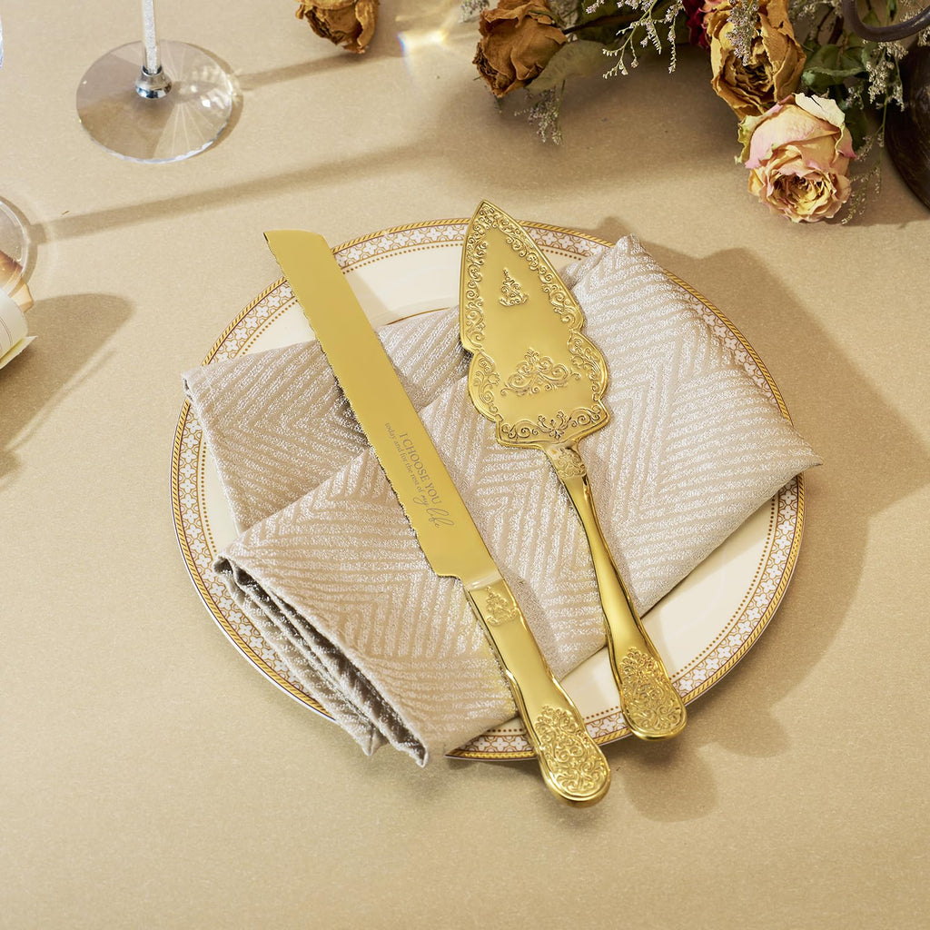 Gold Cake Cutting Set for Wedding, Wedding Cake Knife and Server