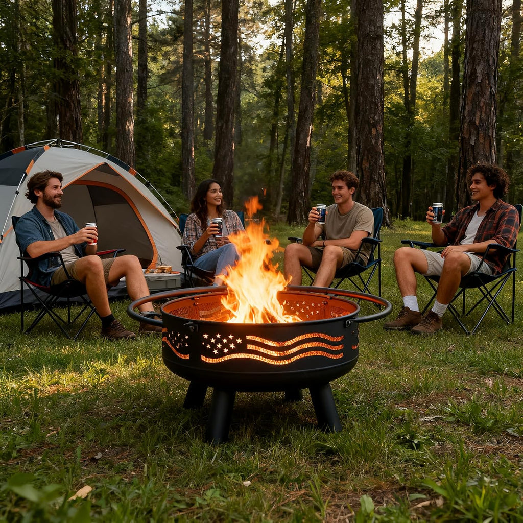 32 Inch American Flag Fire Pit with Mesh Cover & Poker, Round Metal Wood Burning Outdoor Firepit