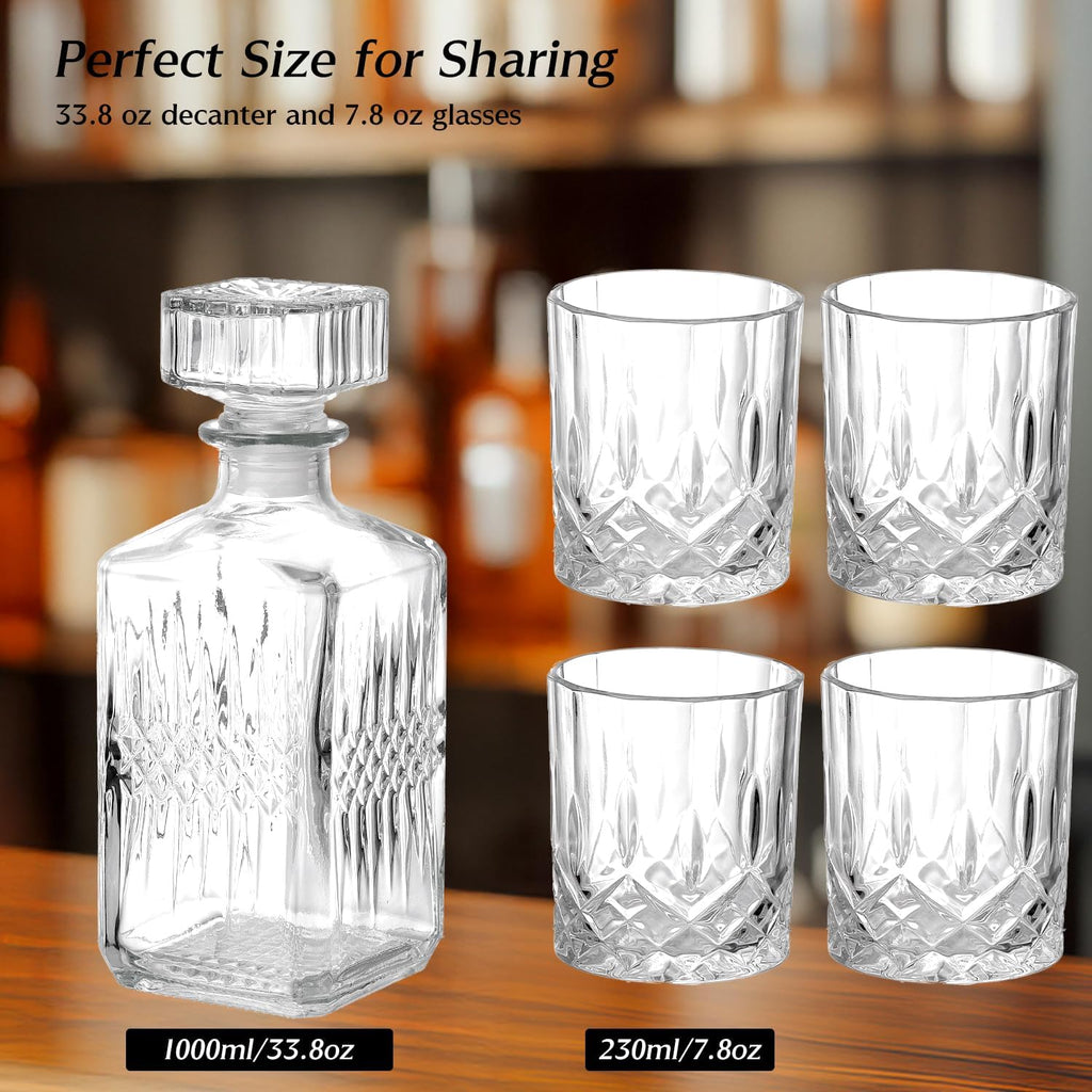 Whiskey Decanter Set for Men, 5-Piece Crystal Glass Decanter Set with 1000ml(33.8 oz) Decanter and 4×230ml(7.8oz) - Set of 5