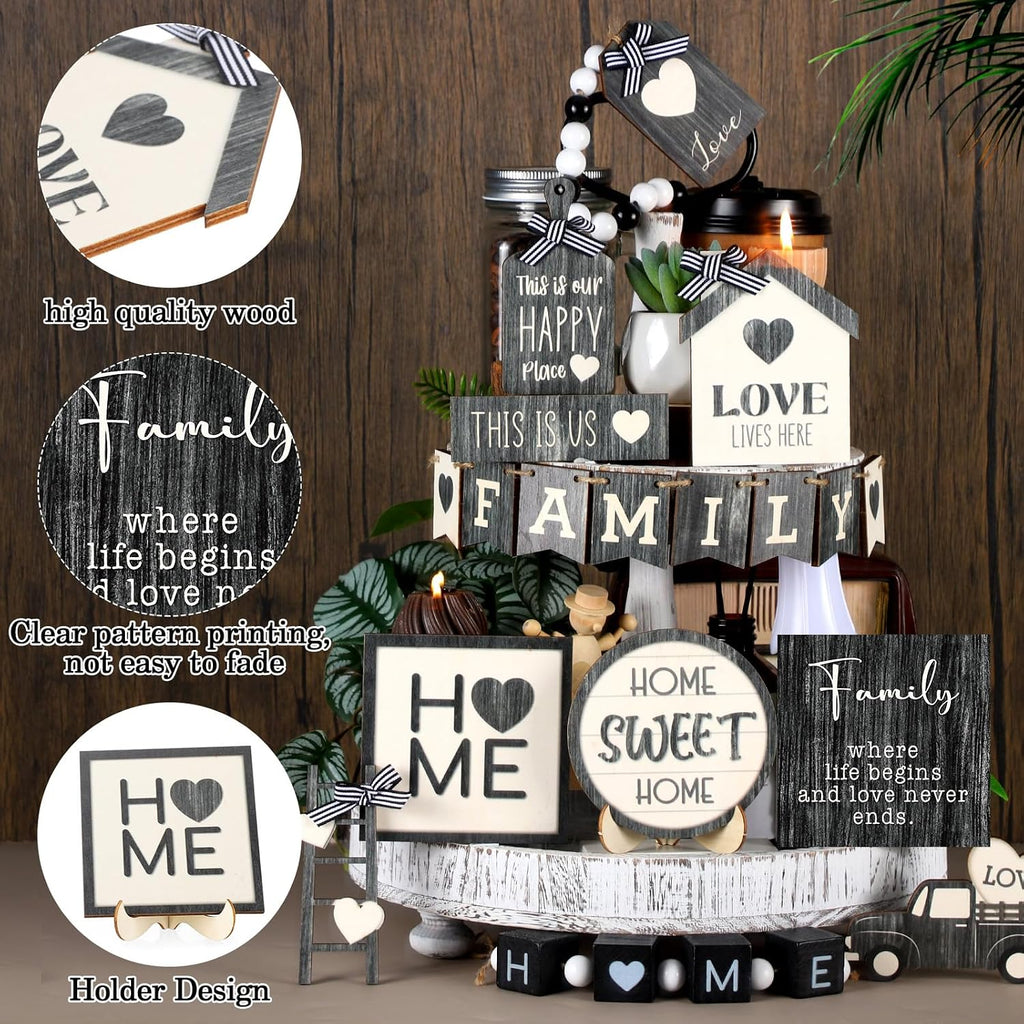 Farmhouse Tiered Tray Decor Home Wooden Signs Rustic Home Tiered Tray Decorations Sweet Vintage House Tabletop - Set of 18