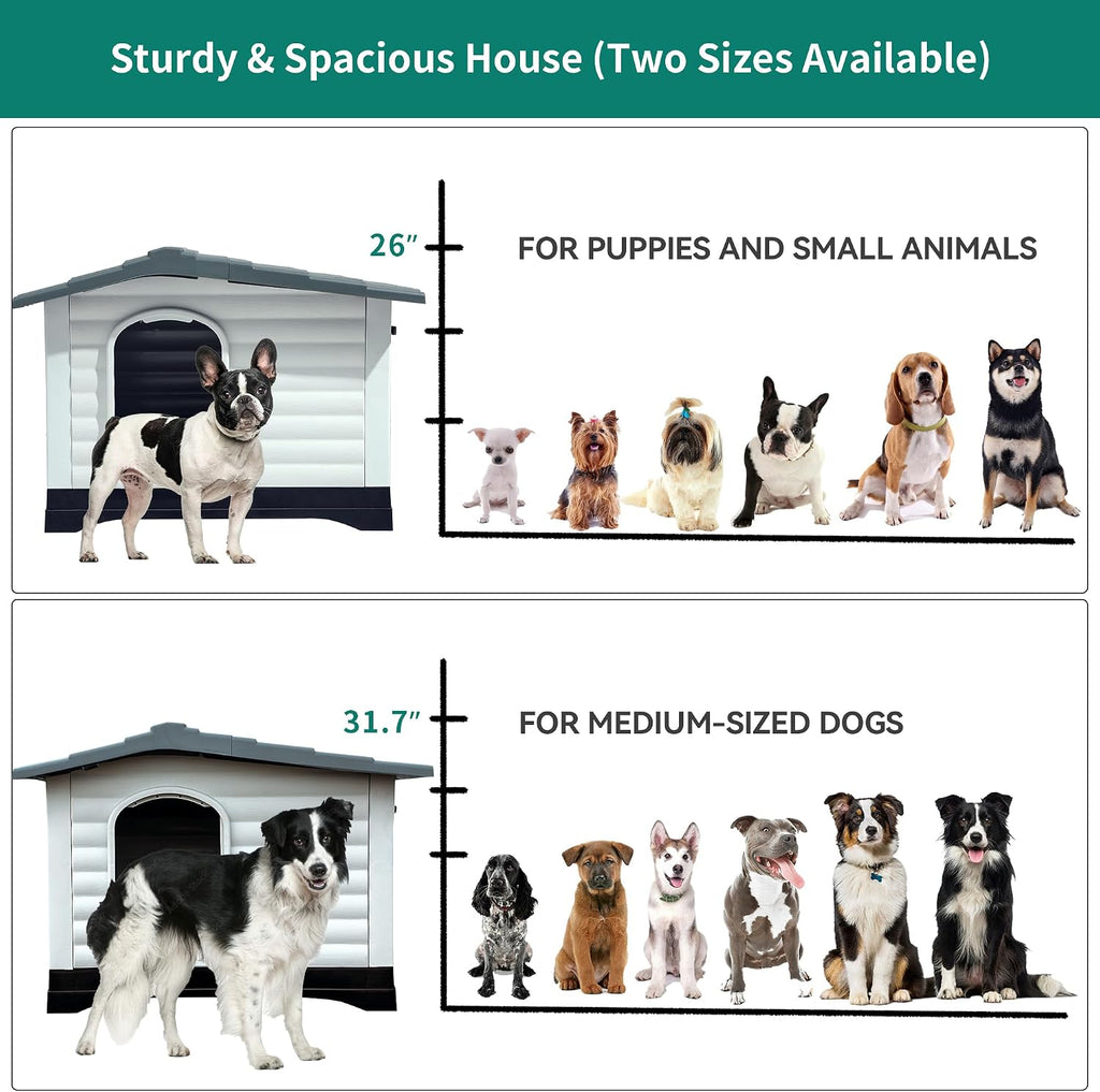 2-Door Large Dog House with Elevated Base & Cushion, Weather-Resistance Dog Bed House for Indoor/Outdoor Use, Easy